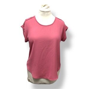 New Glory Women’s Short Sleeve Scoop Neck Gold Button Hi-Low Blouse Rose L